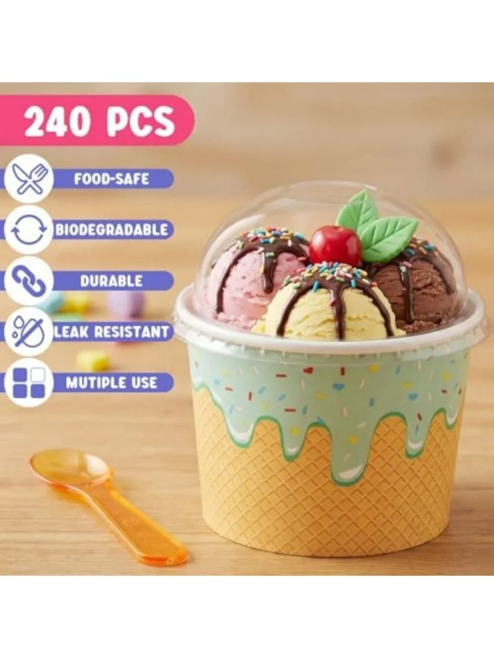 240 Set 4oz Disposable Ice Cream Cups with Lids & Spoons - Perfect for Parties!